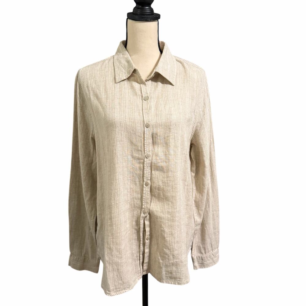 Orvis Wmn Beige Striped Linen Blend Tunic Top Sz M Neutral Beachy Coastal Resort